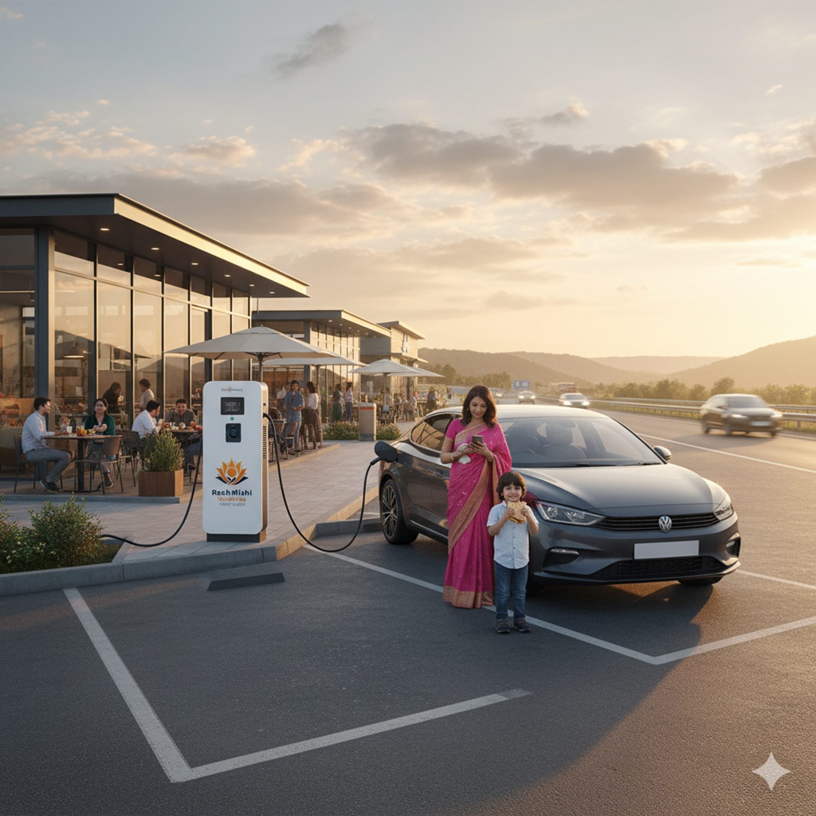 An RV Charge charging plaza with a cafe, where a family charges their EV at a RashMishi-branded fast charger